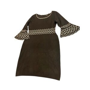 Nina Leonard Black & White Knit Dress Bell Sleeve Trim – Size L (New with Tags)